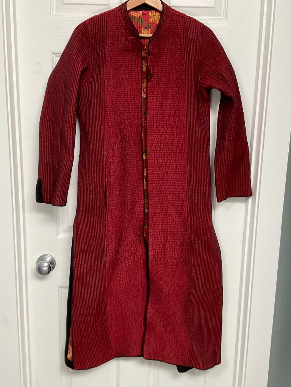Long Maroon Quilted Duster Jacket with Floral Lining